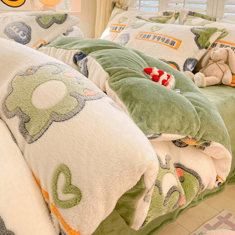 加厚牛奶绒床上四件套冬款卡通珊瑚法兰绒被套床笠床品加绒床单三