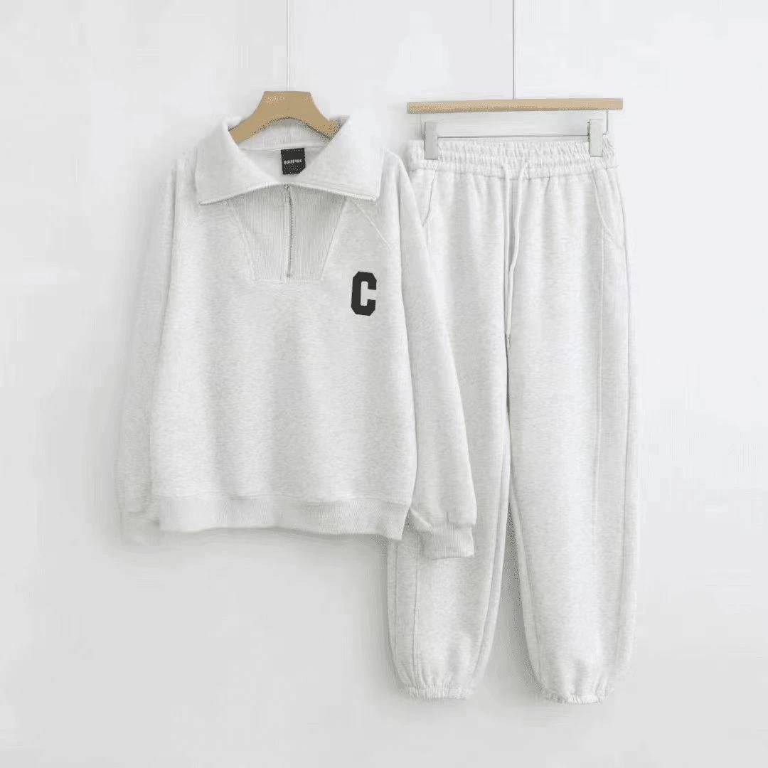 春夏海军领运动时尚两件套刺绣减龄百搭字母C卫衣束脚裤套装FZ108