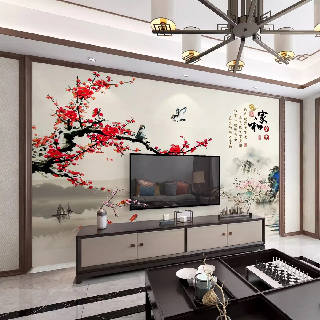 梅花鸟山水画新款壁纸客厅电视背景墙画电视墙背景墙简单大方好看