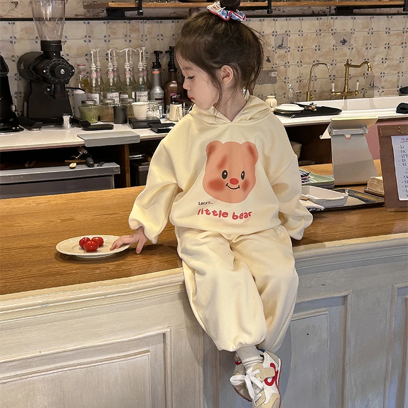 53598女童秋装新款女宝韩版卡通卫衣套装春秋连帽卫衣卫裤两件套