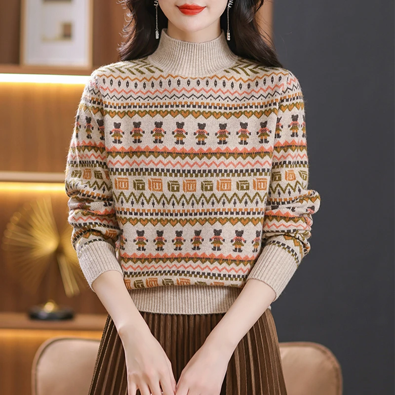鄂尔多斯市纯100羊毛衫女秋冬复古提花毛衣半高领内搭打底羊毛衫