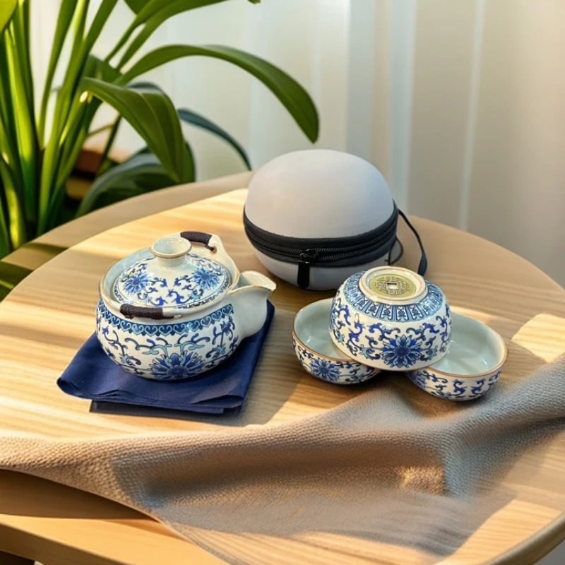 青花手抓壶杯底有铜钱便携式户外露营陶瓷快客杯一壶三杯