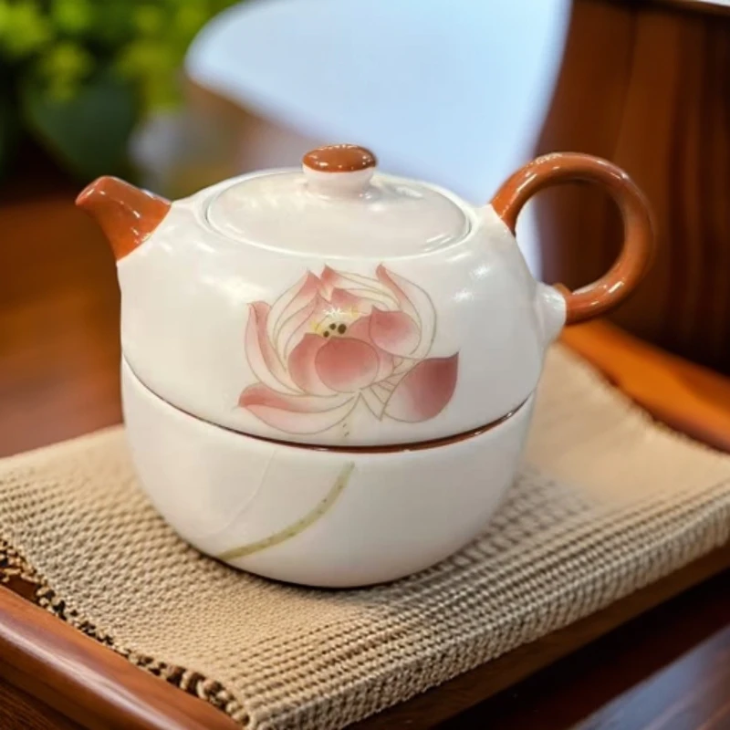 陶瓷旅行粉色莲花汝窑一壶一杯户外便携个人泡汝窑开裂开片工艺