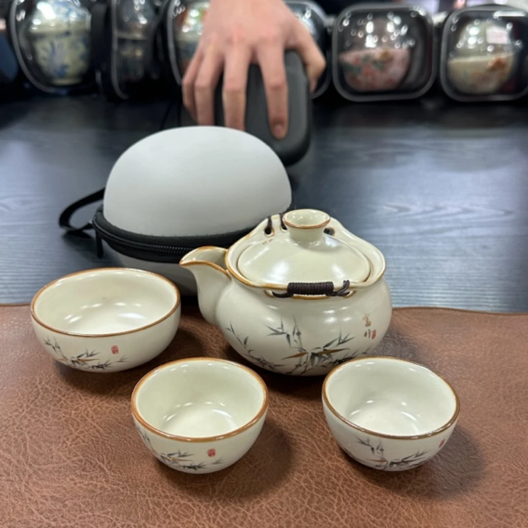 汝窑旅行茶具便携手抓壶富竹一壶三杯