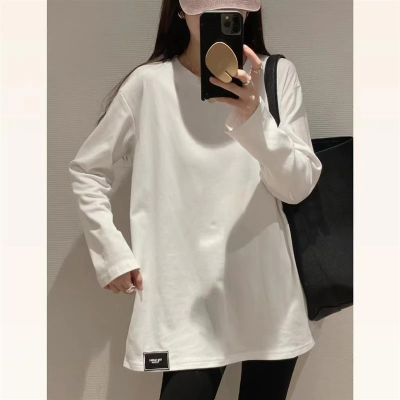 J239#长袖白色t恤女内搭宽松打底衫网红韩版BF风百搭圆领休闲上衣