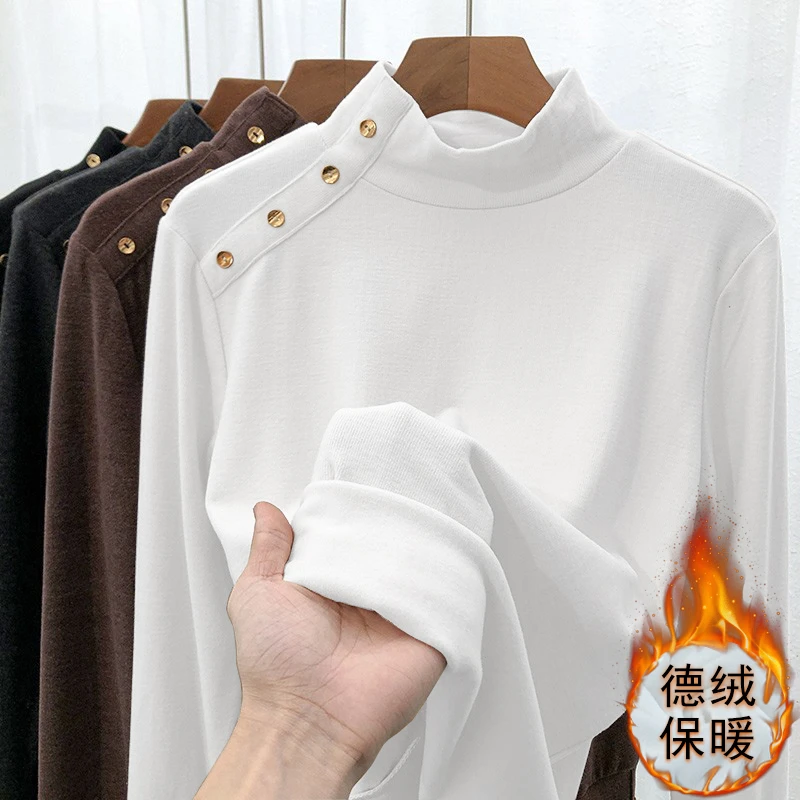 半高领双面绒打底衫女秋冬新款内搭长袖加绒洋气保暖上衣T恤女潮