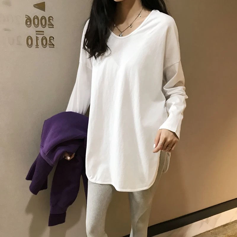 J243春秋季新款开叉中长款宽松v领长袖上衣t恤女白色内搭打底衫女