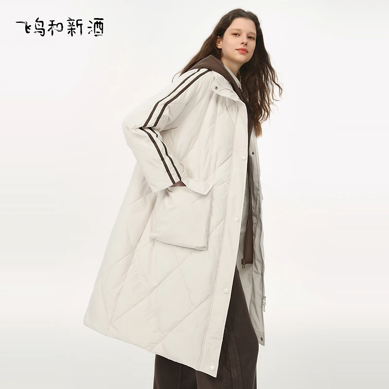 飞鸟和新酒长款带帽菱格棉服女冬季白色夹棉宽松女棉衣