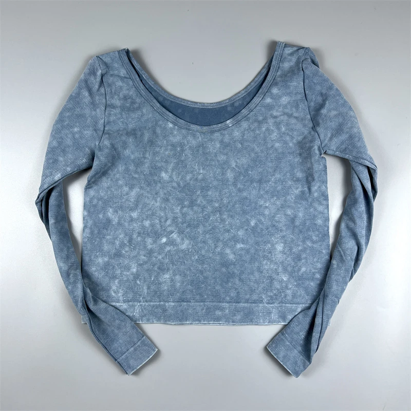 运动休闲T恤女 做旧水洗及腰显瘦脐上装透气 瑜伽健身跑步带上衣