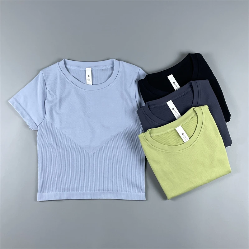 人字纹运动休闲短袖女 后背字母速干透气瑜伽健身衣