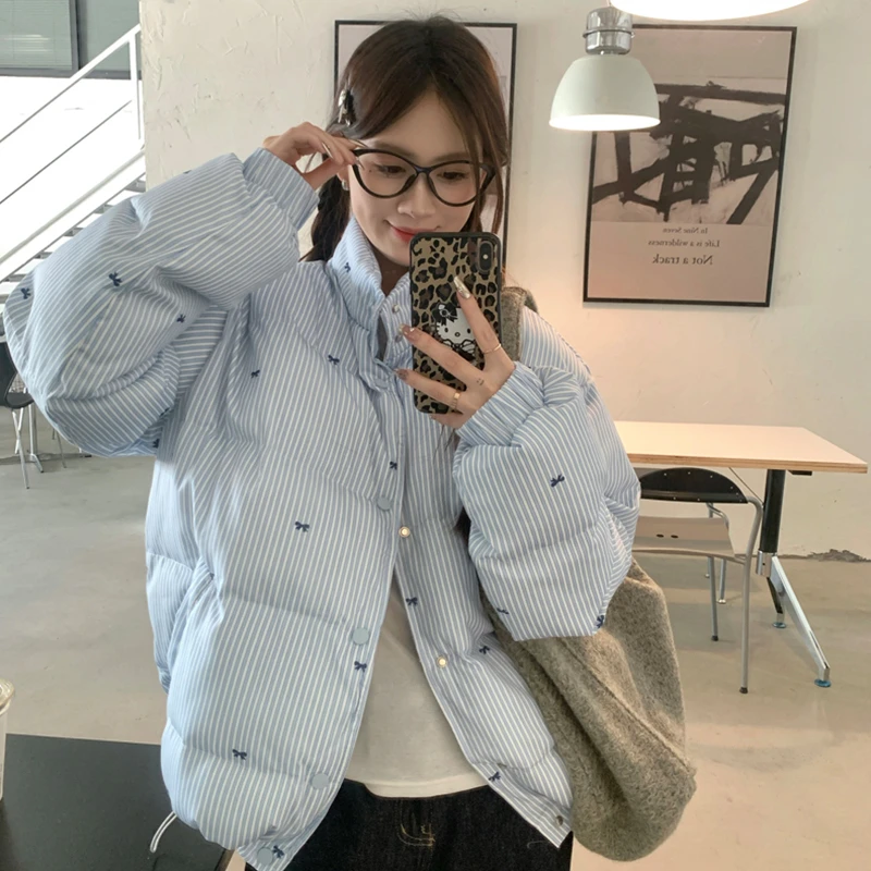 短款立领棉服棉衣女2024冬季新款韩版蓝色条纹面包服棉袄外套