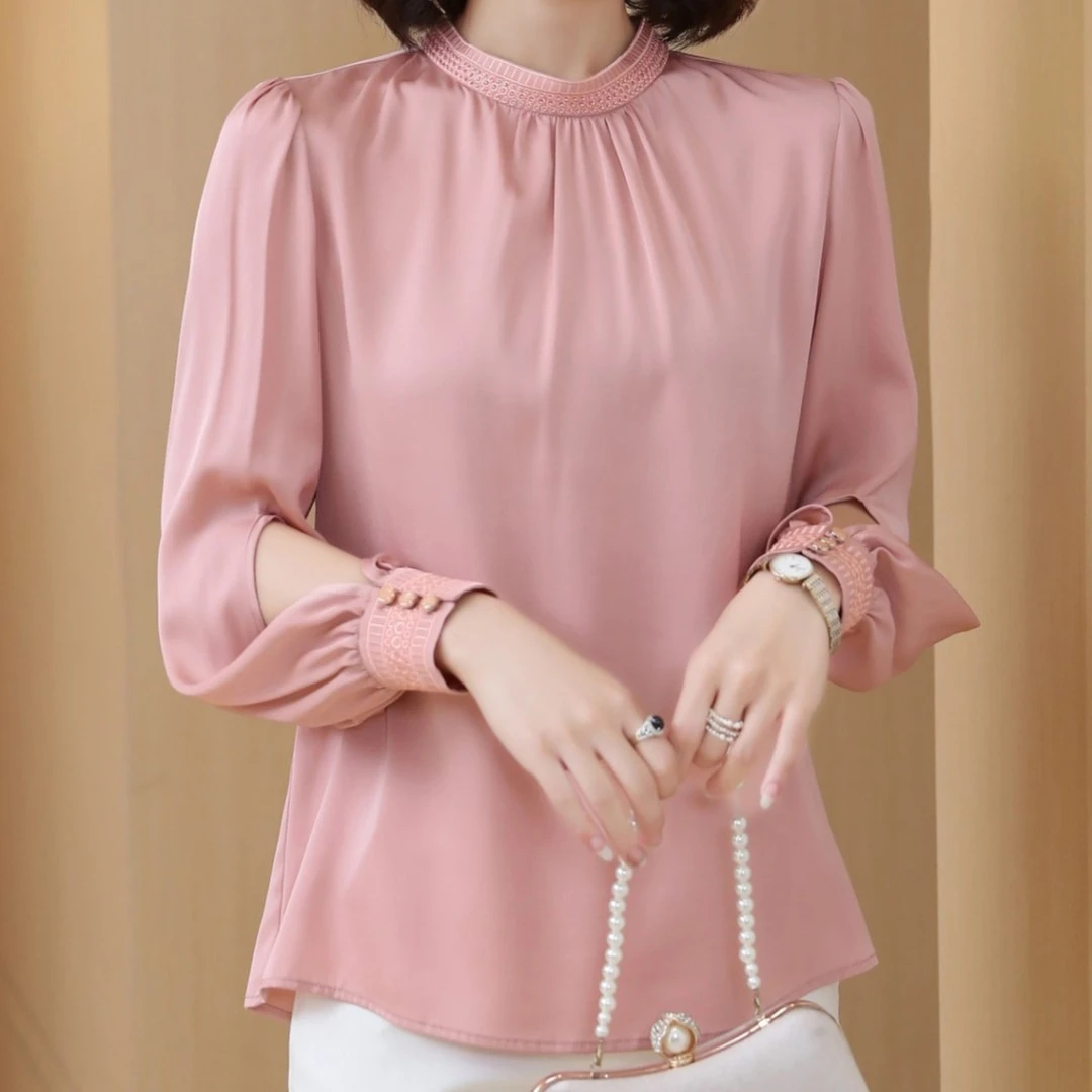 颖池真丝衬衫长袖高端重磅钉珠领