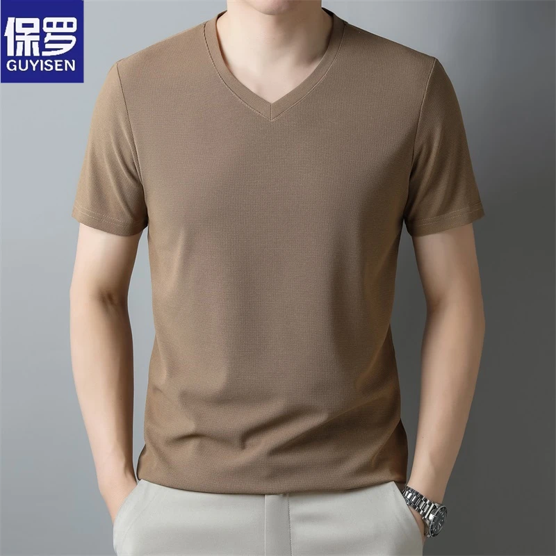 保罗正品夏季薄款短袖V领T恤休闲透气纯色打底衫针织衫速干上衣男
