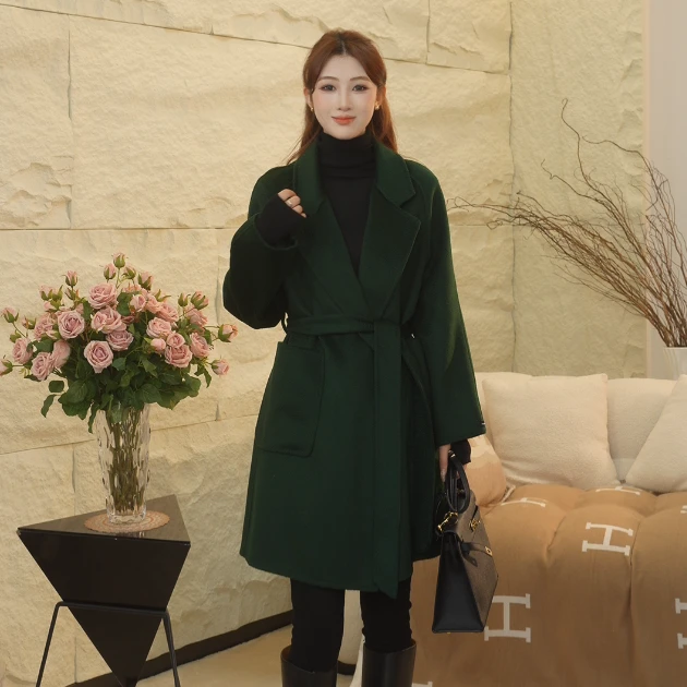 秋冬气质时尚水波纹双面羊毛大衣小个子西装款毛呢外套女