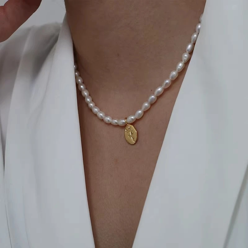 4mm天然珍珠玫瑰花吊坠项链时尚百搭气质小众锁骨链36+7cm延长链