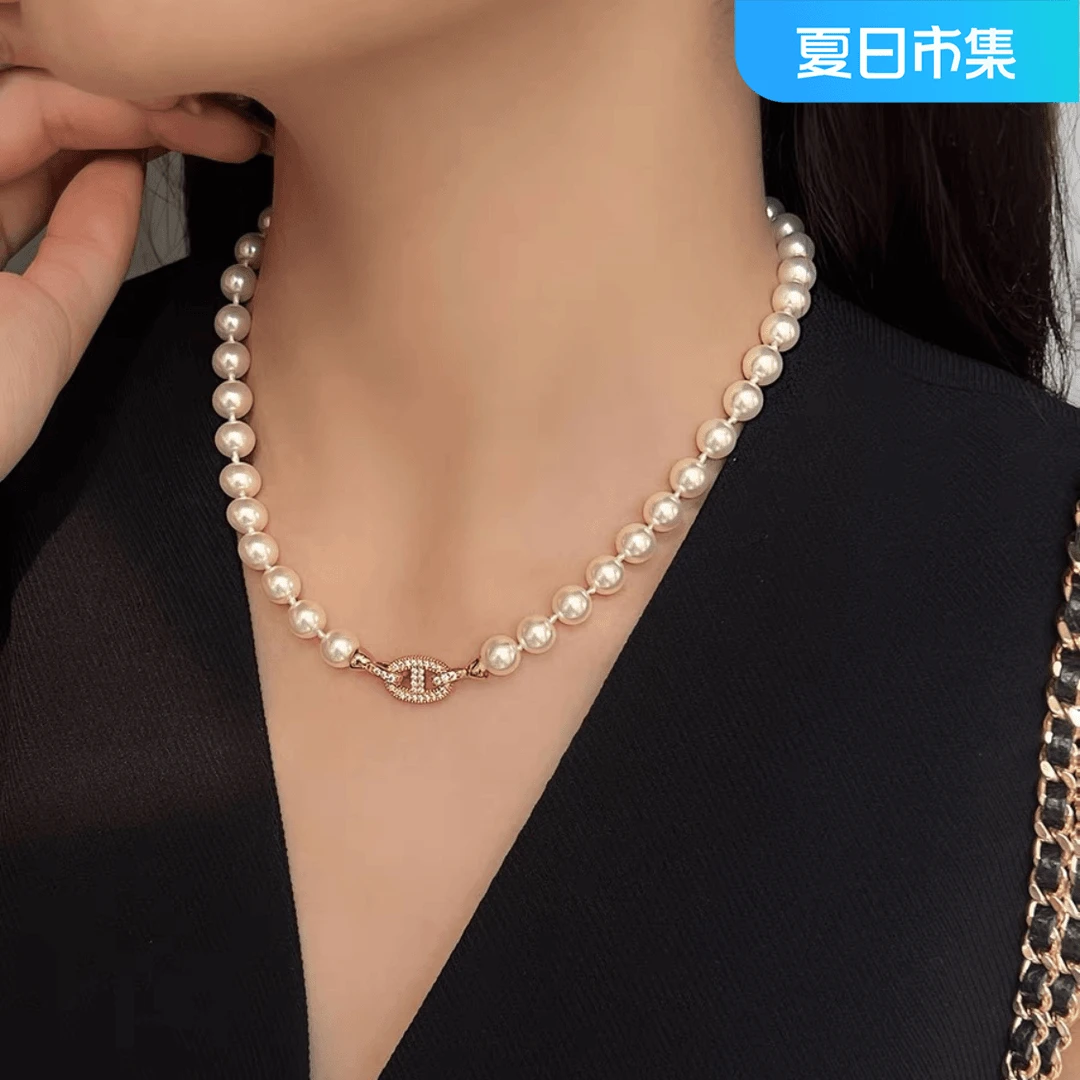 铜合金项链 8mm大牌设计高级感项链女轻奢满钻猪鼻ins网红毛衣链