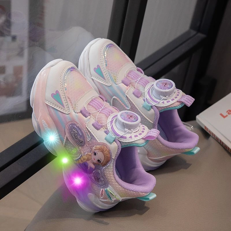 女童运动亮灯鞋2024春秋款儿童网面休闲鞋旋转纽扣女孩发光鞋带灯