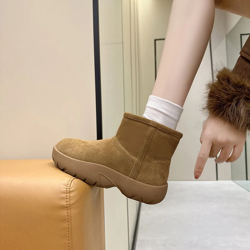 真皮低筒百搭保暖雪地靴女2024冬季新款短靴加绒加厚棉鞋厚底防滑
