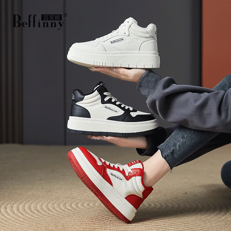 Beffinny/百芙娜1127-28真皮高帮鞋女2024年新款春季加绒休闲板鞋