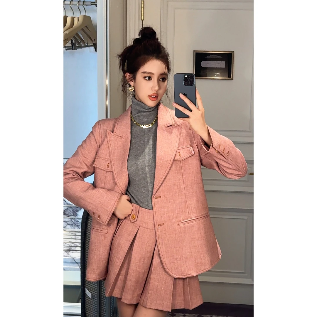 “Pure Pink”时髦知识分子学院风套装，西装外套+百褶裙 SC20562