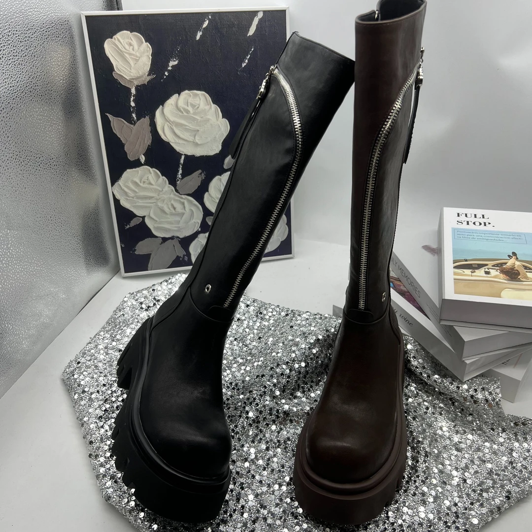 秋季新款时尚百搭中筒靴粗跟厚底潮流洋气小个子显高中筒靴英伦风