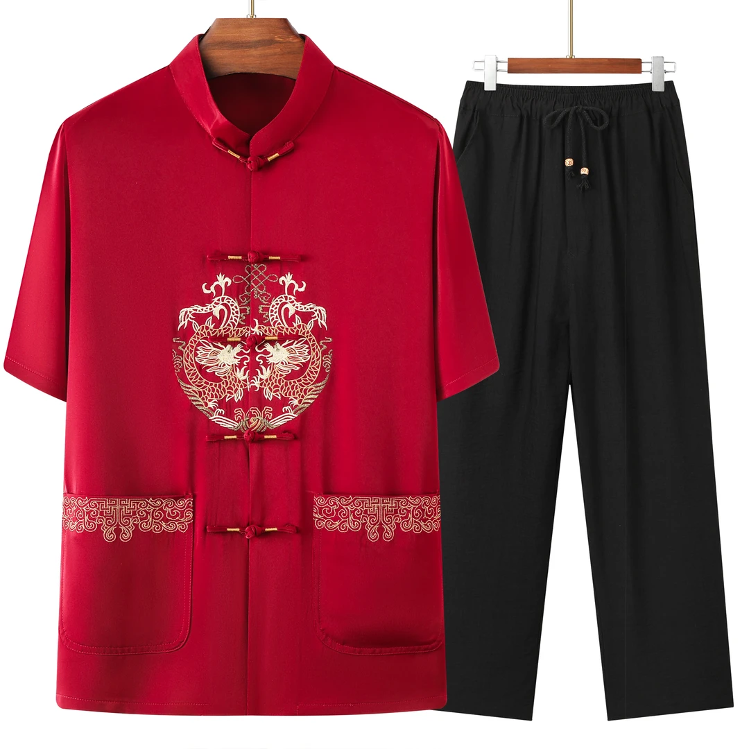 夏季中老年情侣款桑蚕丝中国风短袖唐装4201