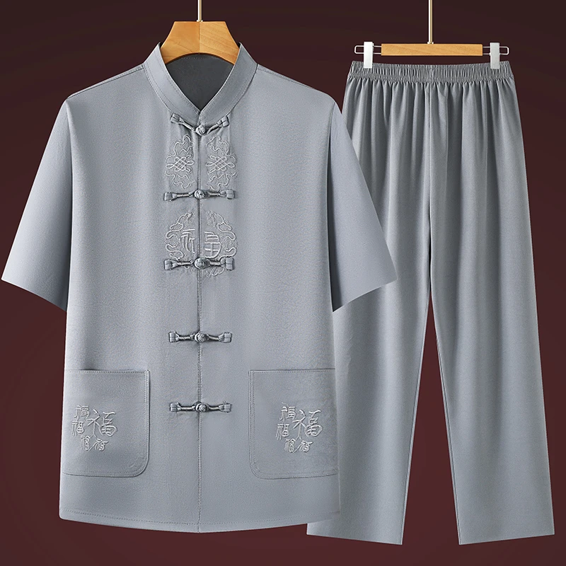 夏季中老年男士国风唐装短袖五福临门刺绣双件套装