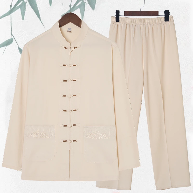 春夏季中老年男士国风唐装长袖七星盘扣祥云刺绣双件套装