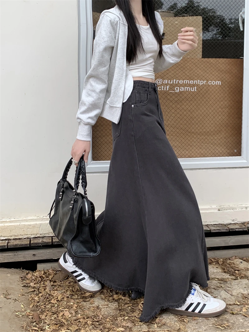 大码女装#法式气质流苏毛边牛仔裙秋冬高腰鱼尾裙a字裙中长款裙子