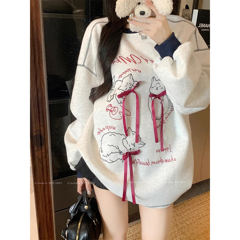 慵懒风蝴蝶结猫咪印花长袖卫衣女秋冬加绒加厚休闲宽松中长款上衣