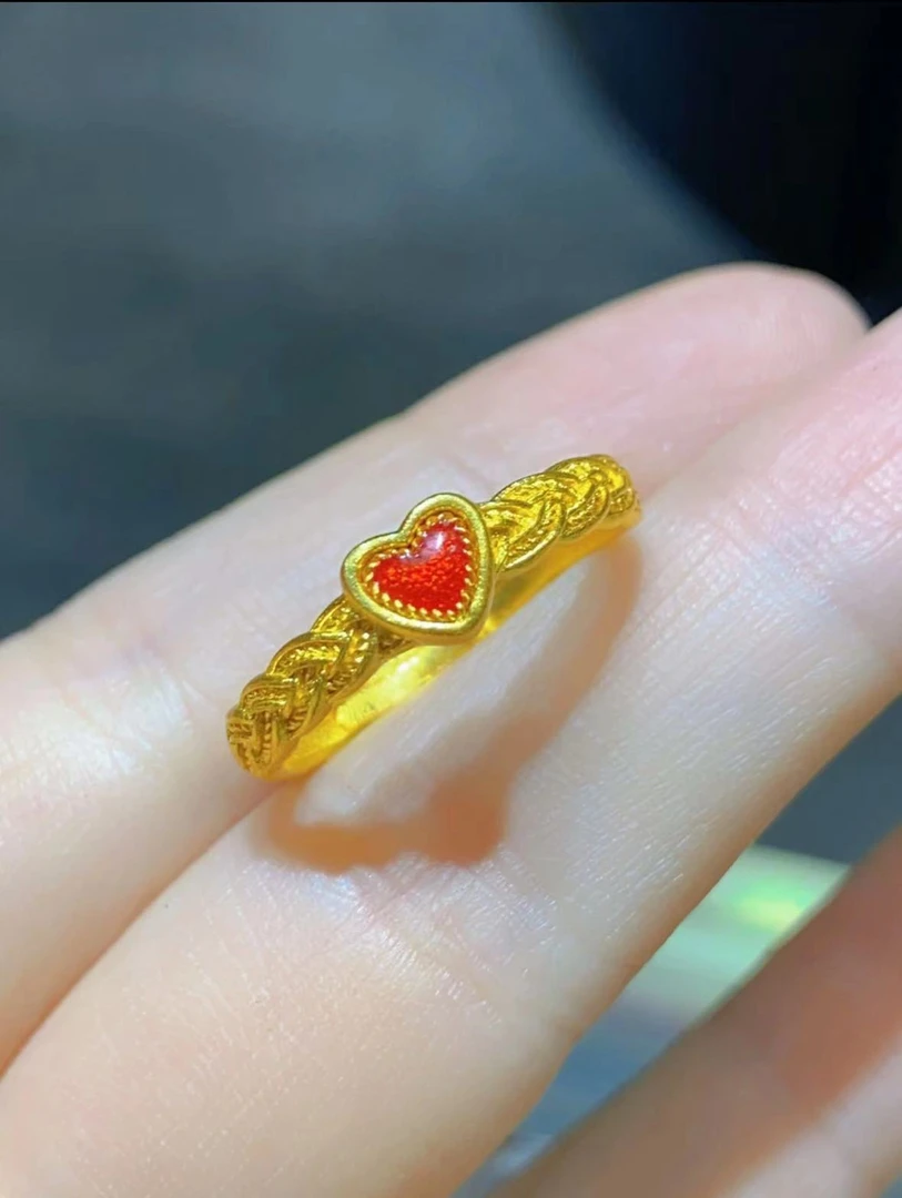 【赛菲尔万足】足金999.9古法珐琅编织爱心黄金戒指