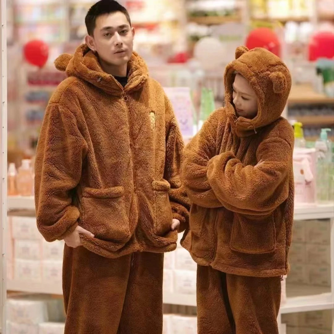 摇粒绒立领拉链情侣款冬季舒绒加绒加厚保暖家居服睡衣男裤套装
