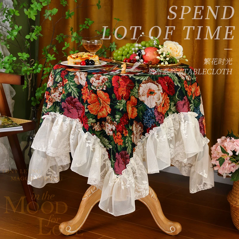 复古风布艺桌布圆桌方桌高级感花卉装饰盖布色织提花多用盖巾罩巾