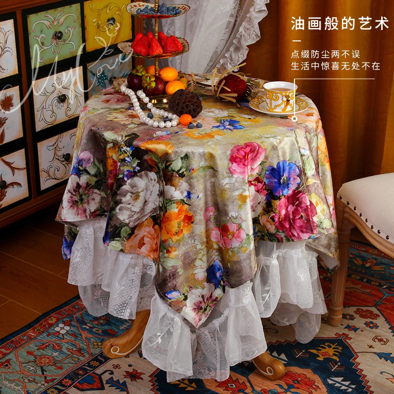美式轻奢风桌布复古油画圆形桌布客厅小边几氛围感桌布多用台布
