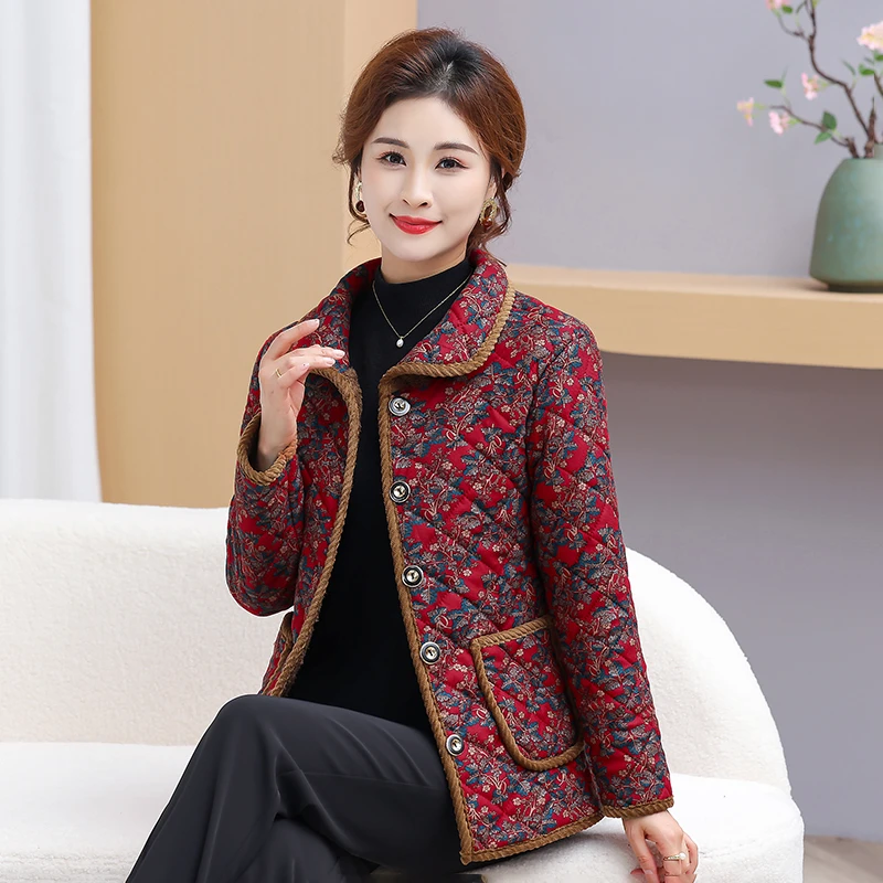 妈妈装棉衣碎花翻领洋气上衣加绒加厚50-60岁中老年女装保暖抗风