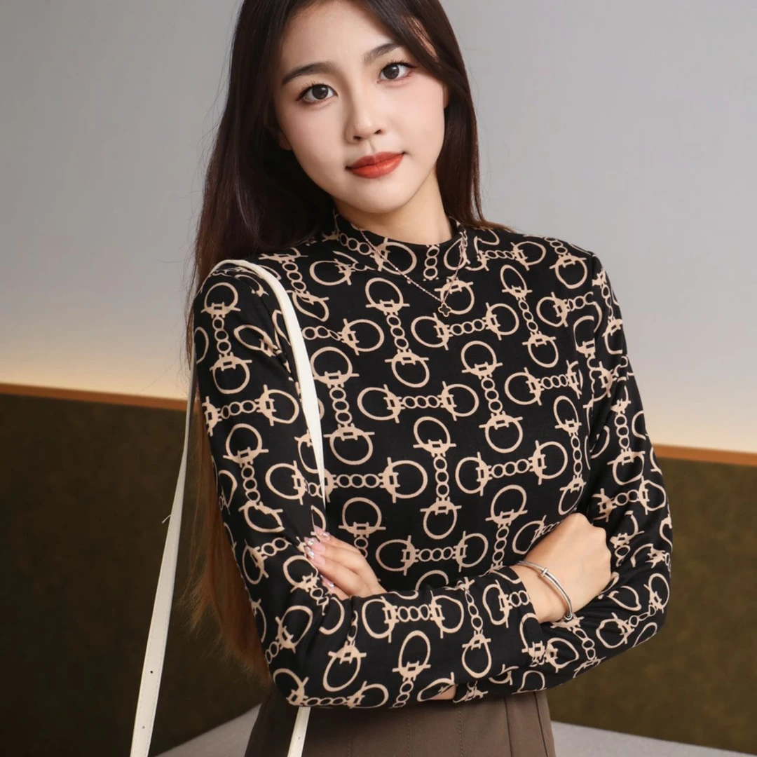 韩版印花打底衫秋冬新款女百搭修身显瘦长袖时尚气质圆领上衣H870