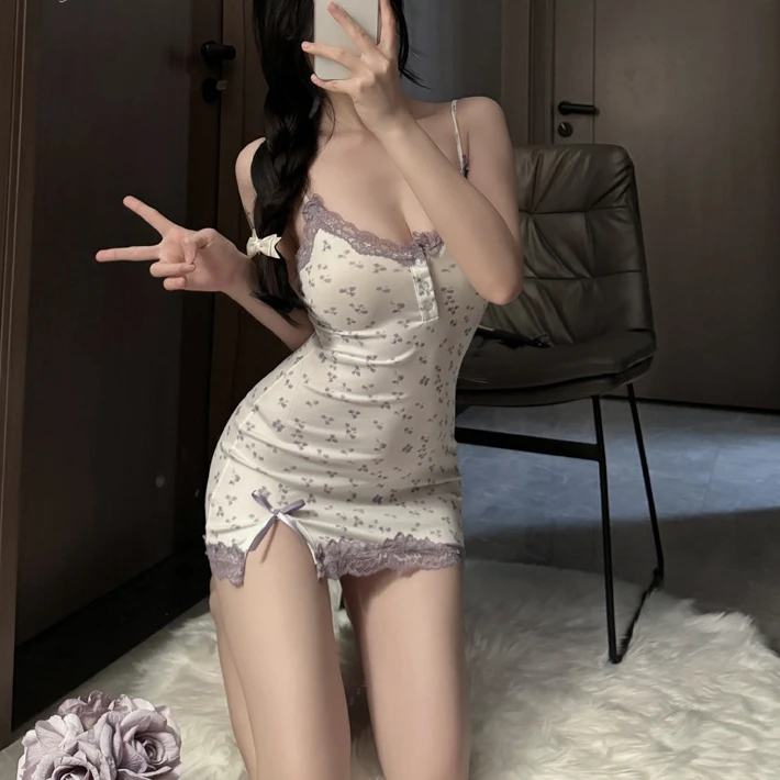 【尤物里】碎花纯欲性感蕾丝睡衣诱惑小胸吊带睡裙女款床上战袍夏季