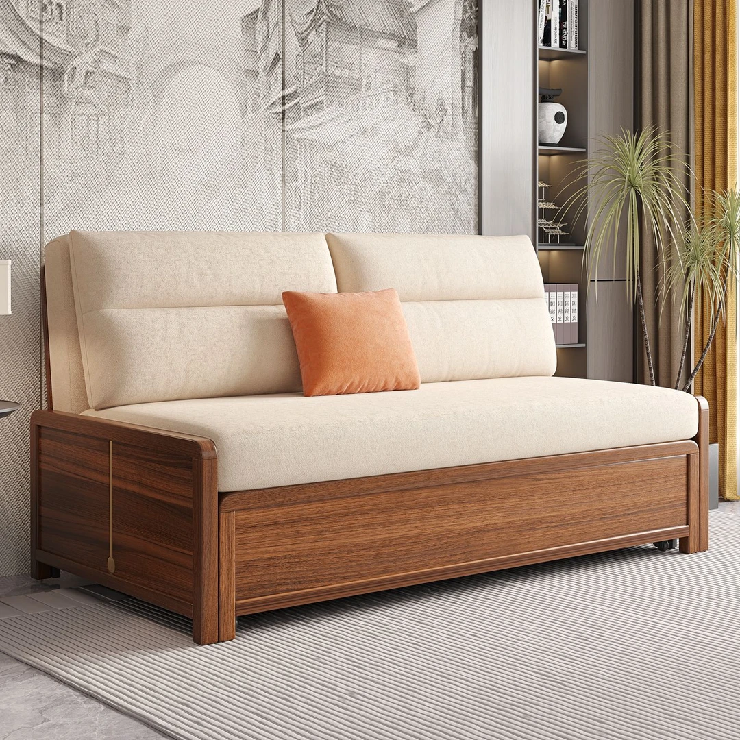 无扶手乌金木沙发床实木多功能坐卧两用客厅阳台书房中式伸缩储物