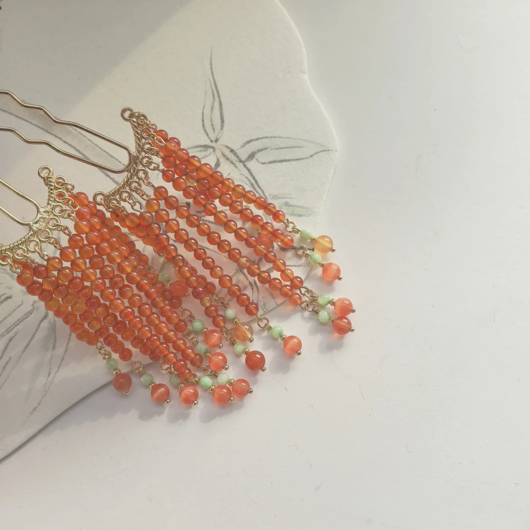 古风橙红流苏发钗