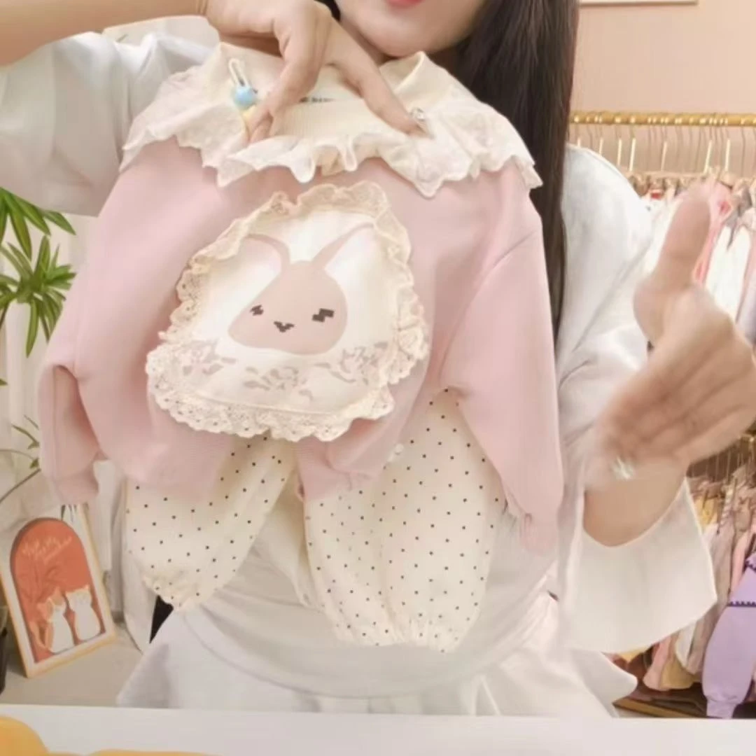 童装2025新款春秋可爱花边卡通兔兔卫衣波点裤套装休闲秋季长袖套