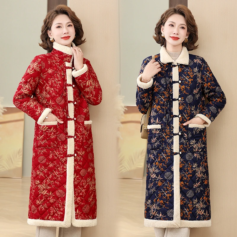 妈妈装2024冬季新款保暖棉衣外套女加绒加厚中长款花棉袄洋气棉服