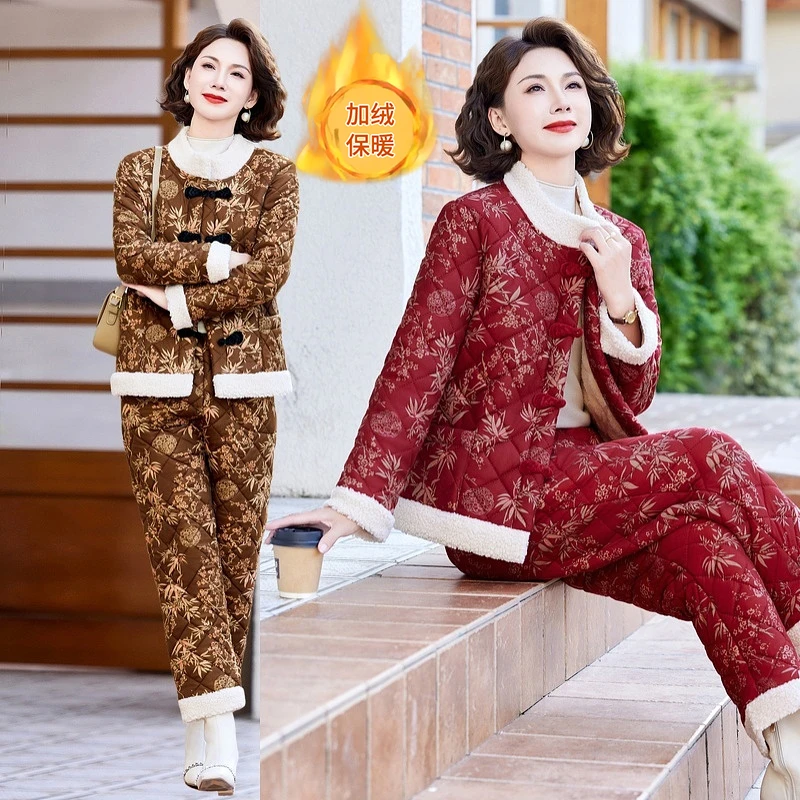 中老年妈妈棉衣套装冬季新款加绒加厚保暖整套宽松居家两件套棉袄