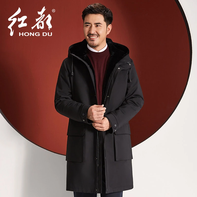 红都秋冬新款派克服长款休闲外套连帽濑兔毛长款外套19093