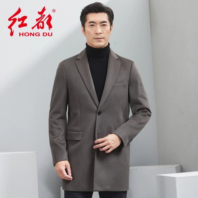 红都冬装大衣男中年中长款西装领呢子男外套8528