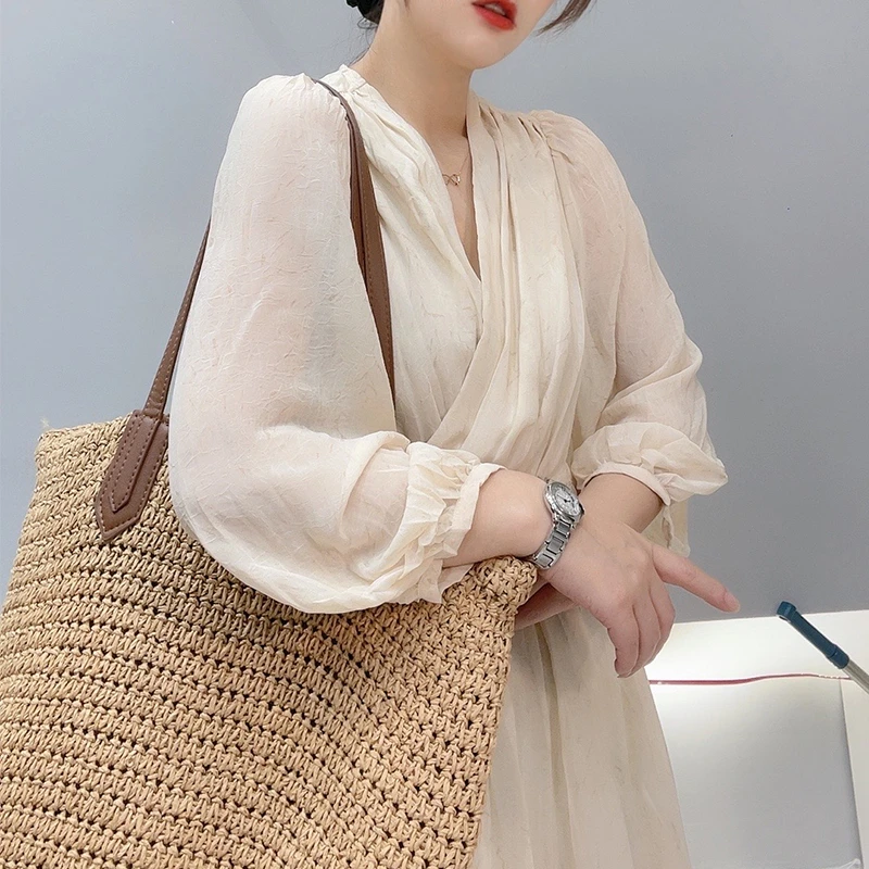 140-155小个子夏季连衣裙百搭简约雪纺长袖洋气服饰