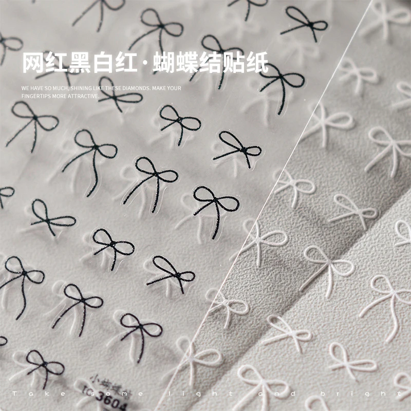 网红爆款复古日系黑白红色蝴蝶结细丝带指甲贴批发带背胶美甲贴纸