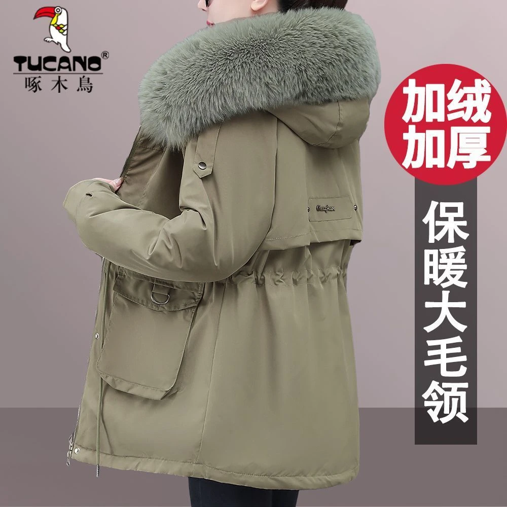 啄木鳥派克服女2023新款女冬爆款棉服妈妈大毛领棉衣加绒加厚外套