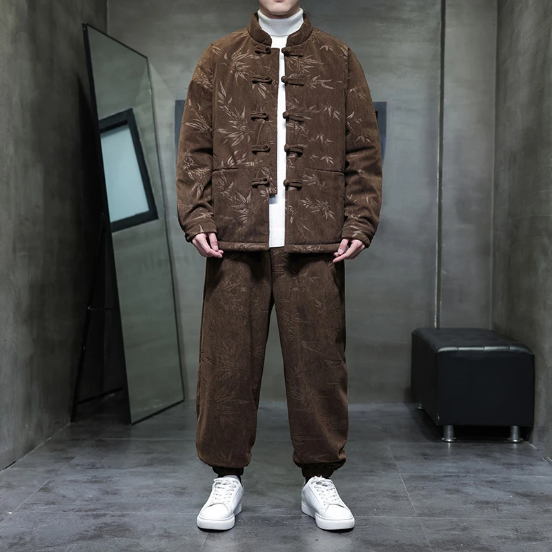 新中式男装冬季棉衣两件套复古加厚保暖中国风棉服唐装灯芯绒套装