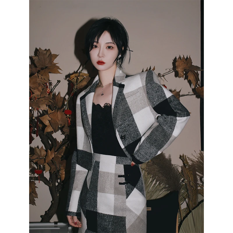 NANA直播胶囊系列黑白格纹西装短外套C2201083WT2 古风百搭羊绒