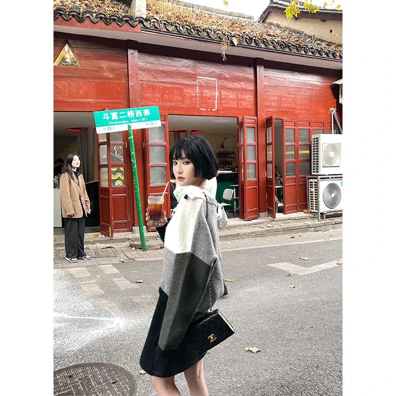 NANA胶囊墨绿拼接国风感毛衣百搭洋气呢子时尚C2109038MY4